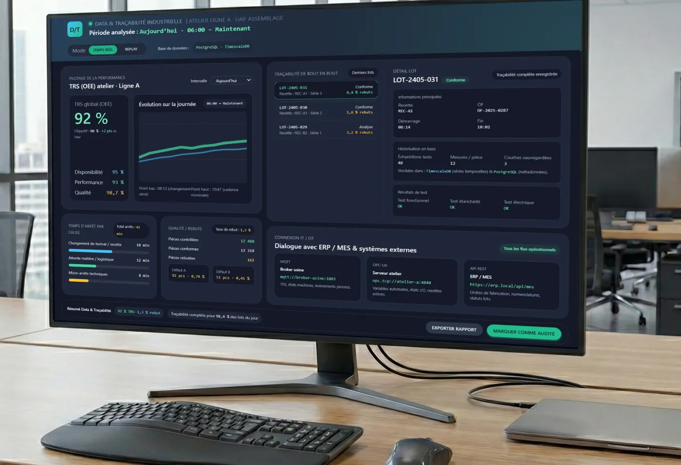 Interface HMI de data industrielle et traçabilité MES sur écran de supervision